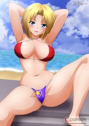 1girls 2020 armpits arms_behind_head big_breasts bikini blonde_female blue_mary busty cleavage female king_of_fighters large_breasts navel nipples pose posing sensual sexy_armpits smile zel-sama