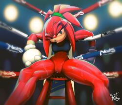 abs anthro blue_eyes blush bodily_fluids bottomless boxing clothed clothing echidna feliscede female fighting_ring furniture genderswap genitals halter_top knora_the_echidna knuckles_the_echidna looking_at_viewer mammal monotreme one_eye_closed pussy red_body ring rule_63 sitting solo sonic_(series) sonic_the_hedgehog_(series) sport spread_legs spreading stool sweat