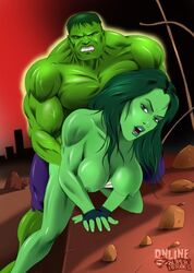 1boy 1girls big_breasts breasts cousins female fingerless_gloves from_behind green_hair green_skin hulk hulk_(series) incest long_hair looking_at_viewer male marvel marvel_comics muscles muscular muscular_female muscular_male nipples nude_female online_superheroes sex she-hulk straight unknown_artist veins veiny_muscles