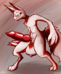 animal_genitalia animal_penis anthro balls big_balls big_penis canine_penis demon fluffy genitals huge_balls huge_cock knot lodi lodish male male_only nude penis sharp_teeth smile solo standing teeth