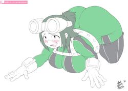 1girls 2020 alternate_breast_size alternate_costume alternate_outfit ass bbw big_ass big_breasts blush breasts captainjerkpants chubby cosplay dated embarrassed green_hair huge_ass huge_breasts impossible_clothes inko_midoriya looking_back mature_female milf mother my_hero_academia overweight overweight_female short_hair source_request text thick_thighs tsuyu_asui_(cosplay) url venus_body watermark wide_hips