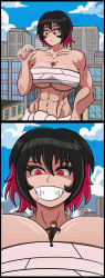 abs big_beautiful_women:_giantess_dating_action black_hair black_hair_female black_haired_female chest_wraps comic dark-haired_female dark_hair dark_hair_female dialogue doodle_mario extreme_size_difference female_abs female_pred giant_female giantess highlights implied_vore jun_(big_beautiful_women) large_breasts larger_female macro macro/micro macro_female male_prey muscular muscular_female oc red_highlights size_difference smaller_male someone_else's_oc