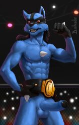 1boy 2020 abs alternate_color anthro anthrofied armpit_hair armpits biceps body_hair canine digital_media_(artwork) dohade erection flexing foreskin fur furry humanoid_genitalia humanoid_penis lucario male male_only mammal muscular muscular_male nintendo nude original_character pecs penis pokemon pokemon_(species) pokemon_dppt smile solo testicles text video_games watermark