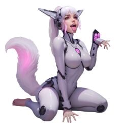 pixie_(lust_goddess) lust_goddess android cat_tail cat_ears big_ass big_booty big_butt pink_eyes grabbing_from_behind sexy_pose cat_girl bodysuit furry ai_generated transparent_background sitting_on_floor tongue_out laser