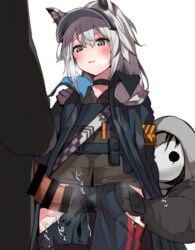 2boys animal_ears arknights blush choker coat female grani_(arknights) grey_eyes grey_hair hood horse_ears horse_girl mask multiple_boys overcoat penis_under_another's_clothes penis_under_clothes shikosour shorts shoulder_guard striped thigh_cutout thigh_sex vertical-striped_shorts vertical_stripes