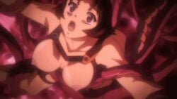 all_the_way_through animated animated_gif black_hair breasts cum_all_the_way_through cum_from_mouth cum_through mahou_shoujo_isuka nipples restrained tentacle tentacle_out_mouth tentacle_sex tentacles