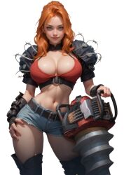 ai_generated alisha_(lust_goddess) big_boobies big_boobs big_breasts drill ginger green_eyes lust_goddess red_hair red_topwear transparent_background