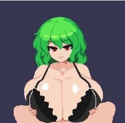 1boy 1girls 2d 2d_animation animated black_bra bouncing_breasts bra breast_hold breasts cleavage dainapp female framerate_edit green_eyes hands_on_breasts hands_on_own_breasts huge_breasts interpolated no_sound paizuri pixel_animation pixel_art pov red_eyes shorter_than_10_seconds shorter_than_30_seconds smile takorin touhou video yuka_kazami