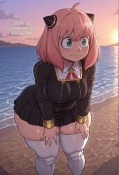 1girl aged_up ahoge ai_generated alternate_body_type alternate_breast_size anya_(spy_x_family) anya_forger artist_name beach big_ass big_thighs black_dress black_skirt blush bottom_heavy breasts child_bearing_hips closed_mouth cloud collared_shirt corruptedvisions curvaceous curves curvy curvy_body curvy_figure dress eden_academy_school_uniform feet_out_of_frame gigantic_ass glossy glossy_body gold_trim green_eyes hair_between_eyes hairpods hands_on_own_thighs hi_res high_resolution highres horizon hourglass_figure huge_ass large_breasts large_thighs leaning_forward long_sleeves looking_to_the_side massive_ass medium_hair neck_ribbon ocean outdoors pink_hair pleated_skirt plump red_ribbon ribbon school_uniform shiny_skin shirt skin_gloss skindentation skirt skull_crushing_thighs sky solo spy_x_family stable_diffusion standing sunset sweat thick_thighs thighhighs thighs thunder_thighs trembling voluptuous water white_shirt white_thighhighs wide_hips wing_collar zettai_ryouiki
