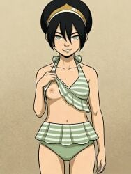 toph_bei_fong avatar_the_last_airbender alternate_costume bikini green_bikini blind tiara smirk smirking_at_viewer belly_button belly tummy ai_generated lifting_own_clothes flashing_breasts flashing boobs nipples flat_chest flat_chested