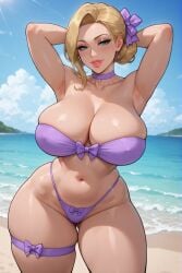 1girls ai_assisted ai_generated armpit_crease armpits arms_behind_head bandeau beach belly_button bikini black_outline blonde_hair blue_eyes bow_bikini bow_br bursting_breasts choker cleavage earrings eyelashes eyeshadow female hair_over_shoulder hair_ribbon hair_strand half-closed_eyes hourglass_figure large_breasts light-skinned_female lipstick looking_at_viewer micro_bikini midriff milf mommy narrow_waist nipple_outline ocean ocean_background pelvic_line purple_clothing rgomez007 seductive_look self_upload skimpy_clothes skindentation smiling_at_viewer solo_female stable_diffusion thick_eyelashes thick_lips thick_outline thick_thighs thigh_ribbon tied_hair updo voluptuous warm_lighting wide_hips