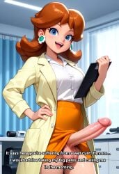 1futa 1girls ai_generated balls blue_eyes brown_hair clipboard doctor erection futanari looking_at_viewer mario_(series) nintendo penis penis_out princess_daisy solo talking_to_viewer testicles text uniform