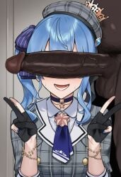 1boy 1boy1girl 1girls ai_generated blue_hair cap dark-skinned_male facing_viewer fat_male girthy_penis hairy_male hetero hololive hololive_japan hoshimachi_suisei idol indoors interracial large_penis male/female male_pubic_hair netorare ntr open_mouth penis_awe penis_over_eyes room side_ponytail small_breasts smile solo_focus teeth testicles uniform upper_body veiny_penis virtual_youtuber waroffree