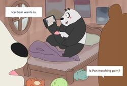 2020 anthro balls bed black_body black_fur blush brown_body brown_fur bunnybara cartoon_network english_text fur furniture genitals giant_panda grizzly_(wbb) group hi_res ice_bear male male_only mammal masturbation panda_(wbb) penis phone sitting text ursid we_bare_bears white_body white_fur