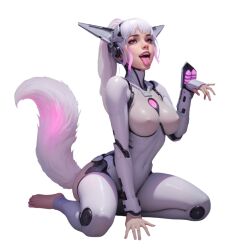 pixie_(lust_goddess) lust_goddess android cat_tail cat_ears big_breasts big_boobs big_boobies pink_eyes grabbing_from_behind sexy_pose cat_girl bodysuit furry ai_generated transparent_background sitting_on_floor tongue_out laser