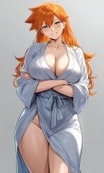 pokemon misty_(pokemon) kasumi_(pokemon) ai_generated asymmetrical_hair bangs bathrobe clothing hair_between_eyes hair_down kimono long_sleeves ponytail robe side_ponytail tied_hair traditional_clothes wafuku white_kimono white_robe wide_sleeves blush breasts busty clavicle cleavage female green_eyes grin groin huge_breasts large_breasts long_hair orange_hair thick_thighs thighs arms_under_breasts crossed_arms head_tilt smile standing looking_at_viewer 1girl female_only solo