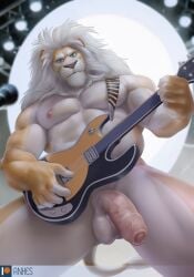 1boy abs anhesart animal_ears artist_name bara clay_calloway closed_mouth english_commentary flaccid from_below furry furry_male guitar highres holding holding_guitar holding_instrument instrument lion_boy lion_ears lion_mane lion_tail looking_at_viewer looking_down male_focus muscular muscular_male nipples patreon_logo pectorals penis sing_(movie) sing_2 smile tail testicles