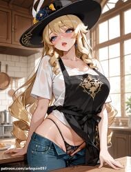 1girl ai_generated apron arlequin097 black_apron black_headwear black_panties blonde_hair blue_eyes blush breasts cameltoe collarbone denim drill_hair drill_sidelocks earrings genshin_impact hat hat_flower highleg highleg_panties indoors jeans jewelry kitchen large_breasts long_hair mihoyo navia_(genshin_impact) open_fly open_mouth open_pants panties pants pussy_juice pussy_juice_drip_through_clothes shirt short_sleeves sidelocks solo sweat thighs underwear very_long_hair wet white_shirt