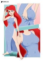 eromelaart female solo alternate_version_at_source ass big_ass breasts nipple_bulge red_hair blue_eyes earrings disney ariel the_little_mermaid 1girls