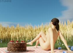 3d asian asian_female blue_eyes blue_eyes_female brown_hair brown_hair_female cake chell day daylight daytime field field_background food medium_ass nature nature_background nude_female pale-skinned_female pale_skin picnic_blanket ponytail ponytail_female portal_(series) portal_2 relaxed relaxing stumpie sunlight sunny wheat_field