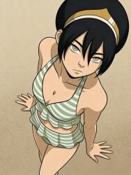 toph_bei_fong avatar_the_last_airbender alternate_costume bikini green_bikini blind tiara belly_button belly tummy ai_generated aerial_view cleavage