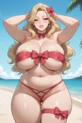 1girls ai_assisted armpit_crease armpits arms_behind_head beach belly_button blonde_hair bow_bikini bow_choker bursting_breasts choker cleavage clouds earrings eyebrows_visible_through_hair eyelashes female hair_ribbon half-closed_eyes large_breasts light-skinned_female lip_gloss lipstick looking_at_viewer midriff milf mommy nipple_outline ocean ocean_background palm_leaf pelvic_line pink_eyes revealing_clothes rgomez007 ribbon_bra seductive_look skimpy skimpy_clothes skindentation sky_background solo_female stable_diffusion standing thick_eyelashes thick_lips thick_thighs thigh_ribbon underboob voluptuous wide_hips red_clothing bow_accessory hair_accessory erect_nipples_under_clothes areola_peek large_areolae massive_breasts long_hair very_long_hair hair_over_shoulder vulva presenting thong thong_bikini_bottom practically_nude erotic