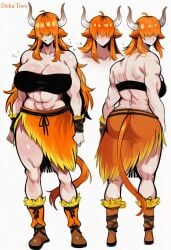 novelai kortai ai_generated tagme original_character delia_toro reference_sheet highland_cattle highland_cow muscular muscular_female
