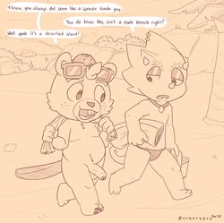 2020 animal_crossing anthro balls beach beaver belly c.j._(animal_crossing) chibi clothing detailed_background duo english_text flick_(animal_crossing) foreskin genitals hat headgear headwear hi_res humanoid_genitalia humanoid_hands humanoid_penis lizard male male_only mammal nintendo outside penis reptile rodent scalie seaside slightly_chubby speedo swimwear text towel unboxyguy video_games