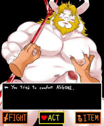 1boy asgore_dreemurr bara bare_pectorals beard belly biceps black_background blonde_hair blush commentary completely_nude crown disembodied_hand english_commentary erection facial_hair fangs fat floppy_ears foreskin furry furry_male goat_horns hands_on_another's_chest horns looking_down male_focus navel nipple_stimulation nipple_tweak nipples nude open_mouth over_shoulder pectorals penis plump polearm rampie_(piefactory) trident undertale utdr_(toby_fox) video_game_dialogue_box weapon weapon_over_shoulder white_fur