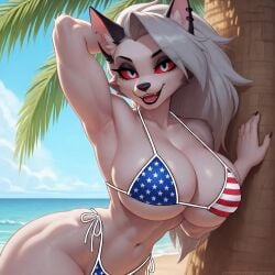 1female 1girls ai_generated american_flag_bikini anthro arm_behind_head beautiful big_breasts bikini breasts canid canine canis clothed clothing demon demon_girl ear_piercing ears female furry furry_only goth goth_girl grey_body grey_fur grey_hair hand_behind_head hellhound helluva_boss high_res high_resolution hires hot_chick long_hair looking_at_viewer loona_(helluva_boss) multicolored_fur mythological_canine mythological_creature mythology notched_ear ocean open_mouth open_smile outdoors outside red_sclera sand sea sexy sharp_teeth silver_hair smile smiling smiling_at_viewer swimsuit swimwear tagme teeth tongue tongue_out two-piece_swimsuit two-tone_body two-tone_fur vivienne_medrano vivziepop water white_body white_eyes white_fur wolf wolf_girl wolf_humanoid