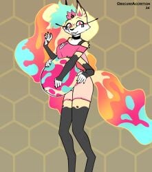 anthro anthro_female canid canine demon demon_girl hellaverse hellhound helluva_boss multicolored_hair pregnant pregnant_anthro pregnant_belly pregnant_female queen_bee-lzebub_(helluva_boss) solo solo_anthro solo_female vivziepop yellow_fur waving_hand waving_at_viewer royalty