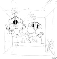 2boys air_bubbles asphyxiation bubble byondrage cuphead cuphead_(game) drowning handwear labyrinth male monochrome mugman nude penis puffed_cheeks rough_sketch skinny_dipping swimming underwater video_games water