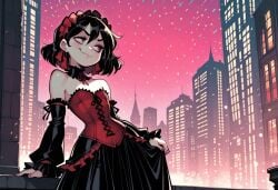 ai_generated ambiguous_gender city city_background detached_sleeves gothic_lolita hairband implied_futa long_skirt looking_to_the_side mahamoan original_character party red_corset short_hair slight_smile