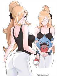 1girls 3_fingers 5_fingers alternate_breast_size alternate_hairstyle alternate_outfit ambiguous_gender ass back bare_shoulders black_clothing blonde_hair blue_skin blush breasts cleavage closed_eyes clothed cynthia_(pokemon) dragon female feral fully_clothed gible grey_eyes hair_over_one_eye holding human large_breasts larger_female long_hair looking_at_viewer nintendo open_mouth pants poke_ball pokemon pokemon_dppt ponytail pose red_skin scalie shirt sideboob size_difference smile solo_focus source_request standing tagme tank_top teeth text the_kingduke thick_thighs tommietomm tongue watch watermark white_background white_legwear wide_hips wristwear