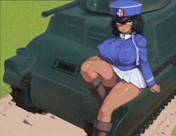 1girl 2d absurd_res adapted_uniform ai_generated andou_(girls_und_panzer) baxx15 black_hair blue_hat blue_headwear blue_jacket blue_panties blue_uniform blue_vest boots breasts_bigger_than_head bursting_breasts cameltoe confident_expression covered_nipples cross-laced_footwear curvy dark-skinned_female dark_skin erect_nipples_under_clothes gigantic_breasts girls_und_panzer green_field hi_res hourglass_figure huge_breasts huge_nipples illustrious_(stable_diffusion) looking_at_viewer medium_hair messy_hair military_girl military_hat military_uniform miniskirt outdoors panties_visible peaked_cap perky_breasts pleated_skirt school_uniform schoolgirl self_upload short_hair sitting solo stable_diffusion tank thick_lips thighhighs tight_uniform uniform white_skirt wide_hips