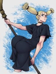 1girls ass ass_in_dress big_ass black_dress blonde_hair blue_eyes broom broomstick clothing collar dress female female_only hair huge_ass jujutsu_kaisen neckwear nishimiya_momo shortstack solo solo_female thighs twintails looking_back limn044 holding_object