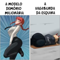 2girls ass_focus big_ass big_boobs big_breasts big_butt big_thighs bra_visible_through_clothes breasts_focus chainsaw_man curvaceous curvy curvy_female curvy_figure female hourglass_figure looking_at_viewer makima_(chainsaw_man) meme one_leg_up pose posing power_(chainsaw_man) presenting_hindquarters sleeping tight_clothing tight_fit wide_hips