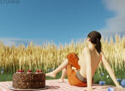 asian asian_female blue_eyes blue_eyes_female chell brown_hair brown_hair_female medium_ass nude_female pale_skin pale-skinned_female ponytail ponytail_female 3d artist:stumpie copyright:portal_(series) copyright:portal_2 nature nature_background day daytime daylight sunlight sunny relaxing relaxed field field_background wheat_field picnic_blanket food cake topless topless_female half-dressed half_nude