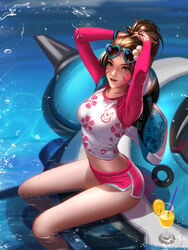 1girls d.va female highres liang_xing meka overwatch solo_female solo_focus sunglasses sunglasses_on_head swimming_trunks waveracer_d.va