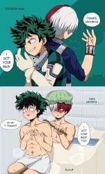 2boys 2koma abs akyukuu bath bathing blush boku_no_hero_academia bones_(company) freckles gay gay_male izuku_midoriya male male_only messy_hair midoriya_izuku my_hero_academia nervous pectorals scar shounen_jump shouto_todoroki sitting smile superhero_costume tododeku todoroki_shoto towel two-tone_hair washing washing_another washing_back yaoi