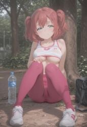 ai_generated belly_button big_breasts blushing crotch dynamic_angle half-closed_eyes jogging kurosawa_ruby leggings legs liltigerx love_live! love_live!_sunshine!! park pink_hair pink_leggings resting running_shoes sitting sitting_on_floor smiling sports_bra sportswear thick_thighs turquoise_eyes twintails underboob view_from_front water_bottle
