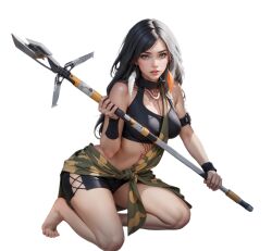 zelia_(lust_goddess) lust_goddess white_hair blue_eyes brunette tribal tribal_markings tribal_tattoo spear warrior_woman ai_generated transparent_background sitting_on_floor