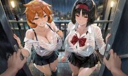 pokemon pokemon_hgss pokemon_gsc misty_(pokemon) erika_(pokemon) misty_(pokemon_hgss) kasumi_(pokemon) ai_generated bangs bare_shoulders black_bra black_clothes black_skirt black_underwear bow bowtie bra bracelet bra_visible_through_clothes clothing collared_shirt hairband hair_between_eyes headwear jewelry long_sleeves miniskirt neckwear off_shoulder pleated_skirt ponytail red_bow red_bowtie red_hairband red_neckwear school_uniform see-through see-through_shirt shirt skirt tied_hair underwear uniform wet_clothes wet_shirt white_shirt black_eyes black_hair blue_eyes blush breasts busty cleavage female green_eyes large_breasts male navel orange_hair short_hair thighs closed_mouth smile standing looking_at_viewer opening_door door open_door bodily_fluids rain sweat wet 1boy 2girls doorway landscape multiple_girls night outdoors pov_doorway sky
