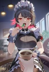 ellen_joe zenless_zone_zero hoyoverse mihoyo ai_generated lunealter 1girls 1boy female female_focus male_pov pov pov_male holding_object tongue_out saliva looking_at_viewer day sitting coffee coffee_cup pale_skin pale-skinned_female short_hair black_hair red_eyes multicolored_hair big_breasts big_ass big_thighs thick_thighs thick_legs thick_hips red_nails shark_tail shark_girl shark_teeth 2026 sfw coffee_shop