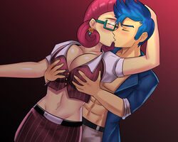 1boy 1girls age_difference belly beltskirt big_breasts breast_grab breasts cheating cleavage equestria_girls female flash_sentry friendship_is_magic hasbro huge_breasts infidelity iojknmiojknm kissing long_skirt male milf my_little_pony older_female older_woman_and_younger_boy passionate pink_skirt posey_shy_(mlp) romantic skirt straight striped_skirt younger_male