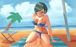 1boy 1girls beach beach_umbrella clouds dead_or_alive dead_or_alive_xtreme_venus_vacation green_eyes green_hair large_breasts large_penis light-skinned_female light-skinned_male light_skin outside palm_tree pussy redgrel sky sweat swimsuit tamaki_(doa) water