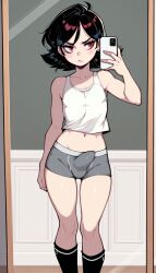 ai_generated mahamoan ambiguous_gender short_hair original_character implied_futa bulge bulge_in_pants solo penis_bulge boxer_briefs boxers_(clothing) tanktop exposed_belly selfie mirror_selfie black_socks crew_socks