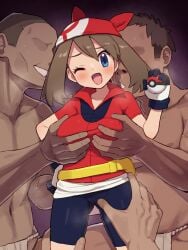 1girl 3boys ;d bandana bike_shorts blue_eyes blush breasts brown_hair chiwino commentary_request gloves grabbing_another's_breast grabbing_from_behind groping highres holding holding_poke_ball large_breasts looking_at_viewer may_(pokemon) multiple_boys one_eye_closed open_mouth poke_ball poke_ball_(basic) pokemon pokemon_rse pokemon_ruby/sapphire/emerald red_bandana red_shirt shirt short_hair smile spread_pussy spread_pussy_under_clothes spreading_another's_pussy standing white_gloves