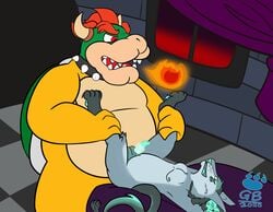 2020 absurd_res anthro balls bed bowser bunnybara duo furniture genitals hi_res humanoid_hands indoors koopa looking_at_another male male/male male_only mario_(series) multiple_boys nintendo open_mouth overweight overweight_male penis scalie sex testicles video_games window