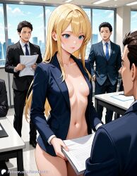 1girls ai_generated casual casual_nudity encoder female partially_clothed partially_nude public office office_lady office_clothing braless no_bra standing indoors business_suit breasts cityscape 3boys bottomless open_clothes nude nude_female naked naked_female nude_female_clothed_male